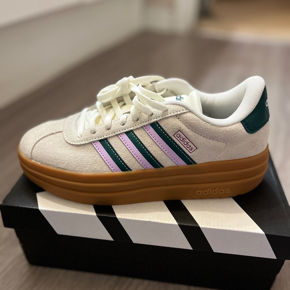 NWT Adidas Suede Cream Sneakers with Green and Lavender Stripes